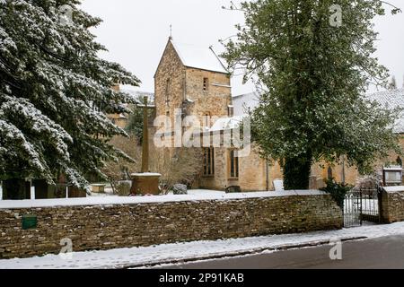 St Denys Church in the snow in march. Little Compton, Warwickshire, England Stock Photo