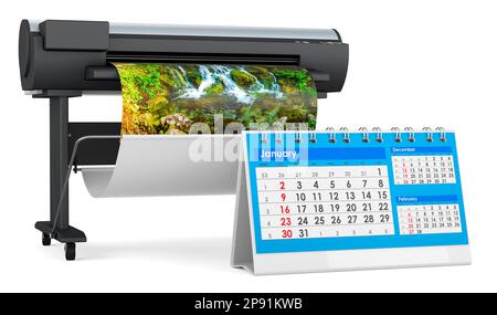 Plotter, large format inkjet printer with desk calendar, 3D rendering isolated on white background Stock Photo