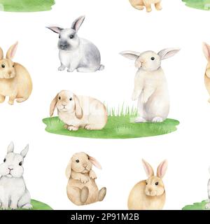 Watercolor farm seamless pattern with animals and leaves. Cute cartoon ...