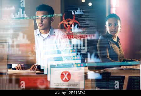 Future cybersecurity, computer cyber attack and man with bank credit breach, malware problem or ransomware. Password phishing overlay, software glitch Stock Photo
