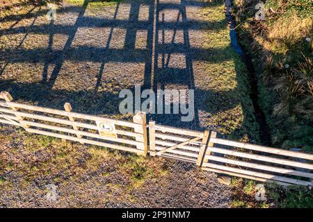 Aerial view of the Burtonport Railway Walk Trailhead at FIddlers Bridge by Falcarragh in County Donegal, Republic of Ireland. Stock Photo