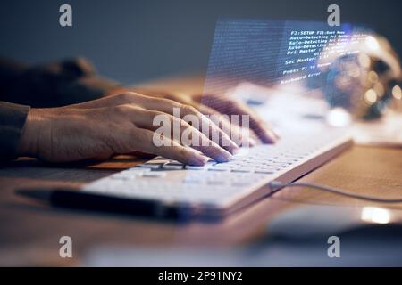 Hologram woman, computer keyboard or hands programming ERP software server or coding cybersecurity system. Night programmer, future cloud computing Stock Photo