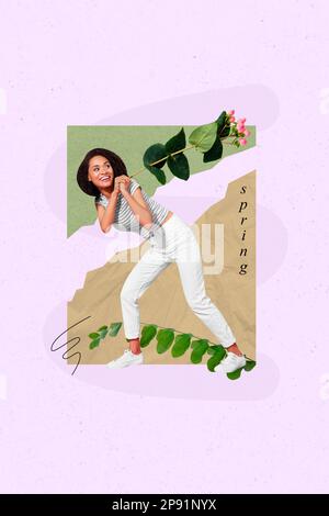 Creative banner poster picture collage of beautiful lady go hold green bunch red pink flowers collect spring advertising Stock Photo
