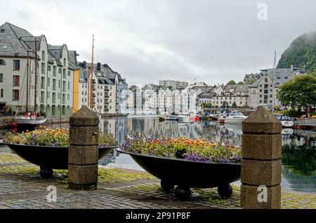Travel destination Norway - Art nouveau houses in the wonderful town Alesund, Norway at the Norwegian Sea. 19th of July 2012 Stock Photo