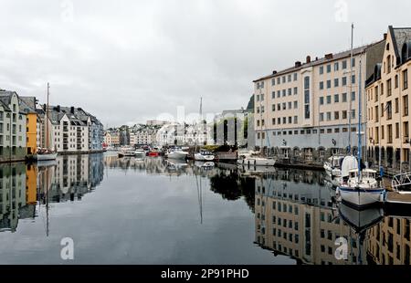 Travel destination Norway - Art nouveau houses in the wonderful town Alesund, Norway at the Norwegian Sea. 19th of July 2012 Stock Photo