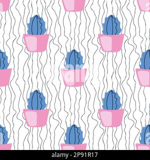 Cute blue cactuses in pink pots on wavy lines background. Delicate doodle seamless pattern for home decor, spread, clot, linen. Cozy kids design. Hand Stock Vector