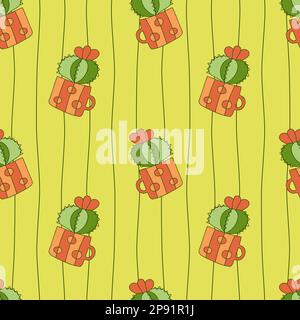 Cute blossom cactus in ceramic mug on wavy vertical lines background seamless pattern. Color doodle hand drawn home decor. Perfect for linen spread ta Stock Vector