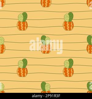 Cute cactuses in ceramic pots seamless pattern. Thin wavy lines background. Cozy doodle hand drawn house plants print. Perfect for linen decor home textile. Vector illustration. Stock Vector