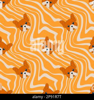 Cute dogs groovy muzzle seamless pattern. Doodle funny puppy faces. Dog heads. 970 retro hippie wavy lines background. Vintage distorted lines. 90s, 00s nostalgia. Vector illustration. Stock Vector