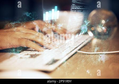 Hologram data, computer keyboard hands and woman typing fintech insight, business administration statistics or accounting. Financial analyst, future Stock Photo