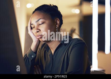 Computer, night sleep and black woman tired after overtime bookkeeping, spreadsheet accounting or business data analysis. Office fatigue, dream and Stock Photo