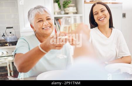 Champagne, old woman and toast pov of person with grandmother and daughter in home kitchen. Cheers, celebration and smile with alcohol glass, beverage Stock Photo