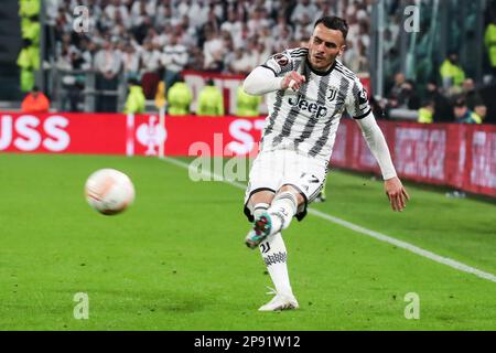 Turin, Italy. 09th Mar, 2023. Round of 16, UEFA Europa. Juventus VS Freiburg. Filip Kostic, Juventus. TORINO, ITALY, 09. March 2023: Filip Kostic, Juventus, FOOTBALL, UEFA EUROPA LEAGUE, JUVENTUS Torino vs SC FREIBURG, Round of 16 1st leg on 9. March 2023 in TURIN (Photo by © Cristiano BARNI/ATPimages) (BARNI Cristiano/ATP/SPP) Credit: SPP Sport Press Photo. /Alamy Live News Stock Photo