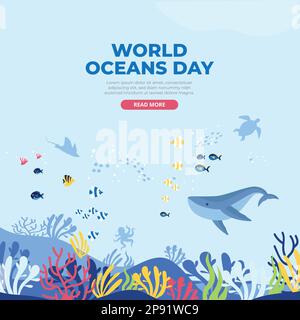 Happy World oceans day background with underwater ocean Stock Vector