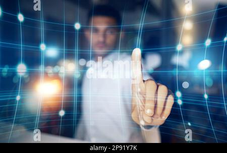 Futuristic, hologram and touch screen interface, man in future technology digital overlay in virtual reality. Hand, biometric cyber business and Stock Photo
