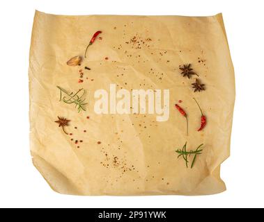 Brown Baking Paper with Herbs and Spices Isolated, Kraft Cooking Paper Sheet Texture Background, Bakery Parchment Mockup, Greaseproof Baking Paper on Stock Photo