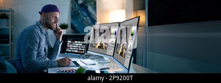 Graphic Designer Working Late At Night In Office Stock Photo