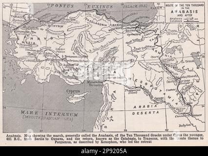 Vintage map showing the march of the Anabasis, of the Ten Thousand Greeks under Cyrus the younger, 401 B.C. from Sardis to Cunaxa and Catabasis. Stock Photo