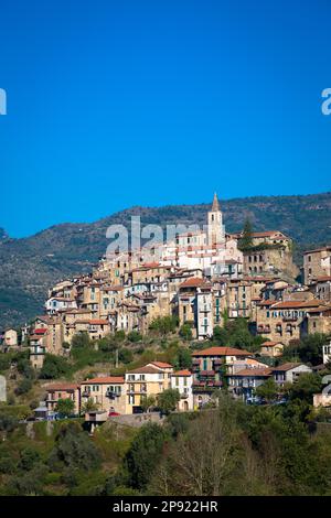 APRICALE, ITALY - CIRCA AUGUST 2020: traditional old village made of stones located in Italian Liguria region with blue sky and copyspace Stock Photo