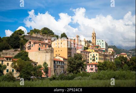 VENTIMIGLIA, ITALY - CIRCA AUGUST 2020: panarama of Ventimiglia old village in Liguria Region, sunny day with blue sky Stock Photo