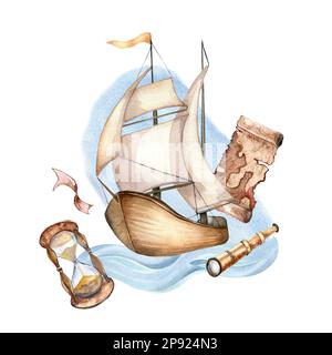 Composition of sailing ship vintage style watercolor illustration isolated on white. Hour glass, spyglass, map, waterscape hand drawn. Childish design Stock Photo