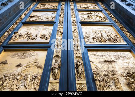 Florence Gate of Paradise: main old door of the Baptistry of Florence - Battistero di San Giovanni - located in front of the Cathedral of Santa Maria Stock Photo