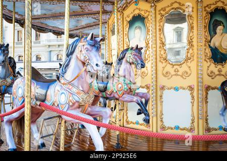 Florence, Italy - Circa March 2022: vintage carousel horse - antique attraction Stock Photo