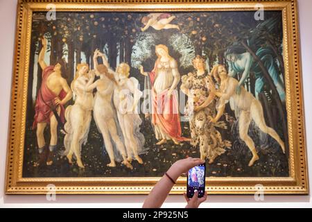 Florence, Italy - circa July 2021. Turist taking picture of Botticelli - Spring. Caucasia woman hands with mobile Stock Photo