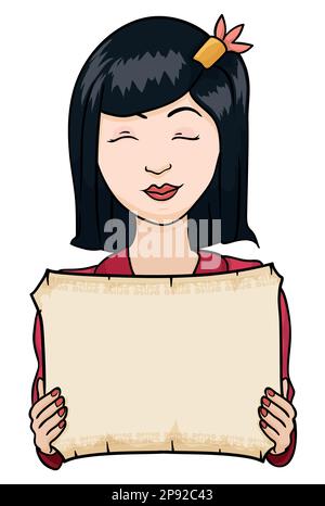 Beautiful Asian woman wearing traditional kimono and headdress while holding a scroll. Template in cartoon style over white background. Stock Vector