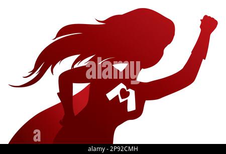 Mother with raised fist wearing a cape like a superhero in red silhouette over white background. Stock Vector