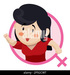 Beautiful woman with raised fist, long black hair, blush and red dress, inside female symbol in cartoon style. Stock Vector