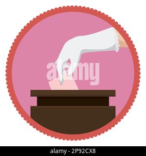 Round button with close-up of woman's hand with white glove and depositing her vote inside the ballot box. Stock Vector