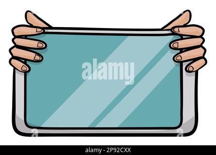 Hands holding tablet with blank screen. Template design in cartoon style over white background. Stock Vector