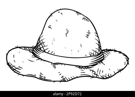 Isolated straw and rustic hat with band. Design in hand drawn style. Stock Vector