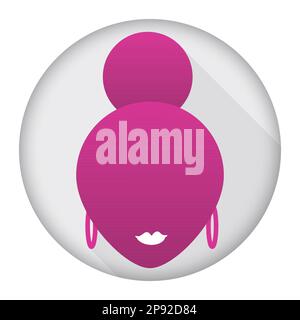 Woman's head with bun hairstyle, earrings and lips over round button. Design in gradient style and long shadow design. Stock Vector