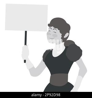 Portrait of proud woman protesting while holding a banner. Template design in flat colors and black and white style. Stock Vector