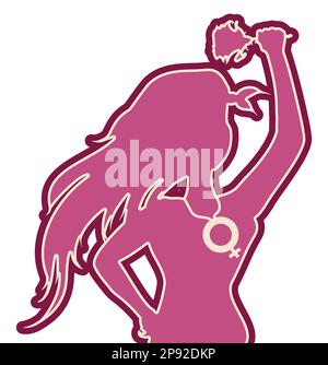 Pink silhouette of woman with long hair, raised fist, necklace with female symbol and rose in hand. Stock Vector