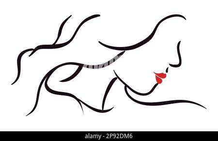 Silhouette of woman's face with long hair and red lips in outlines. Stock Vector