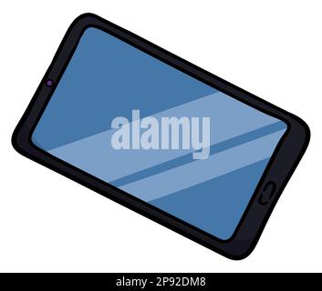Black smartphone with tilted position and glossy display. Design in cartoon style over white background. Stock Vector