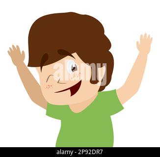 Smiling boy with brown hair, winking gesture, green shirt and raised hands. Character in flat style. Stock Vector
