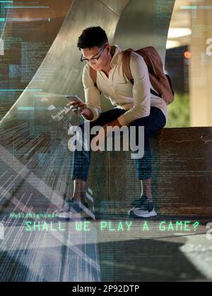 Overlay, phone and cybersecurity hacker in a city coding, networking or searching content on social media at night. Future, hologram and gen z black Stock Photo