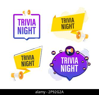 Megaphone label set with text trivia night. Megaphone in hand promotion banner. Marketing and advertising Stock Vector