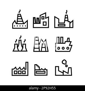 Black thin line factory icon set. concept of simple infographic element, hazardous emission, tower, distillery, chimney. Linear style trend modern log Stock Vector