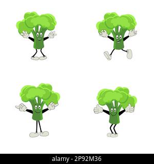 Broccoli mascot cartoon in vector. Cute happy smiling broccoli vegetable set collection. Vector flat cartoon character illustration icon design. Stock Vector