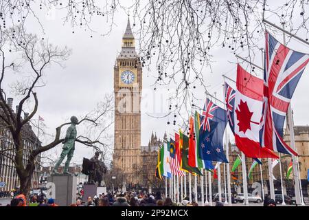 London, England, UK. 10th Mar, 2023. Flags of Commonwealth countries have been installed in Parliament Square ahead of Commonwealth Day, taking place on March 13th. (Credit Image: © Vuk Valcic/ZUMA Press Wire) EDITORIAL USAGE ONLY! Not for Commercial USAGE! Stock Photo