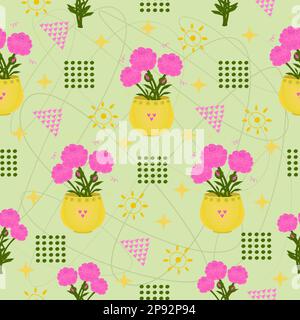 Bright peonies seamless pattern with abstract elements Stock Vector