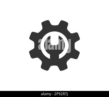 Wrench in a cogwheel, service. Settings and repair, service sign, monochrome. Maintenance tools with wrench, spanner gear vector design. Stock Vector