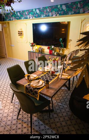 a table set in the restaurant. interior in the restaurant room. Stock Photo