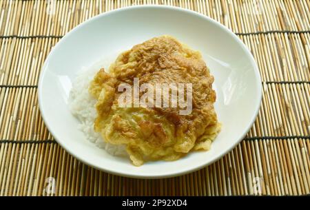 crispy Thai egg omelet topping plain rice on plate Stock Photo
