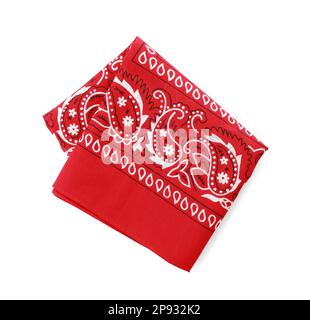 Folded red bandana with paisley pattern isolated on white, top view Stock Photo